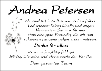 Traueranzeige von Andrea Petersen von Husumer Nachrichten