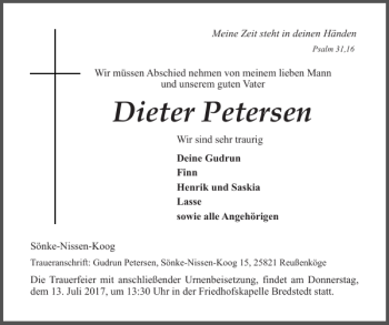 Traueranzeige von Dieter Petersen von Husumer Nachrichten