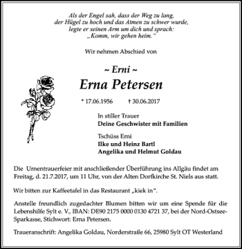 Traueranzeige von Erna Petersen von Sylter Rundschau