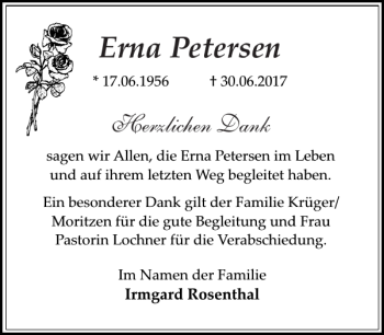 Traueranzeige von Erna Petersen von Sylter Rundschau