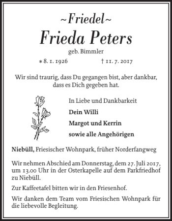 Traueranzeige von Frieda Peters von Nordfriesland Tageblatt