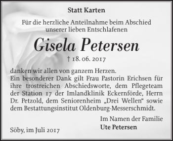 Traueranzeige von Gisela Petersen von Eckernförder Zeitung