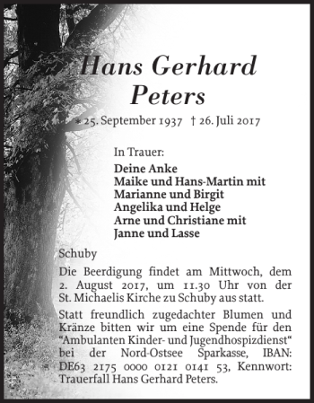 Traueranzeige von Hans Gerhard Peters von Schleswiger Nachrichten