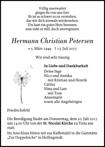 Traueranzeige von Hermann Christian Petersen von Schleswiger Nachrichten