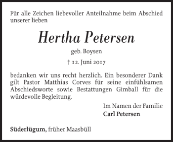 Traueranzeige von Hertha Petersen von Nordfriesland Tageblatt