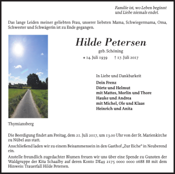 Traueranzeige von Hilde Petersen von Schleswiger Nachrichten