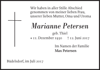 Traueranzeige von Marianne Petersen von Landeszeitung