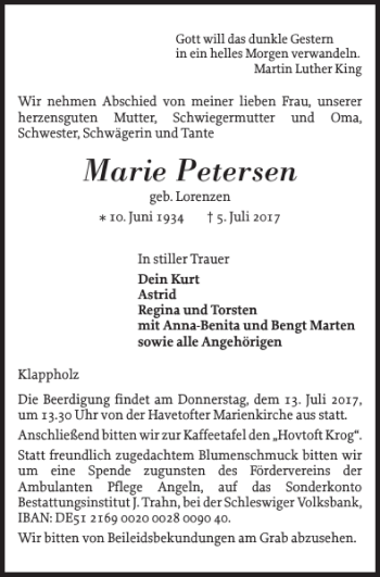 Traueranzeige von Marie Petersen von Flensburger Tageblatt