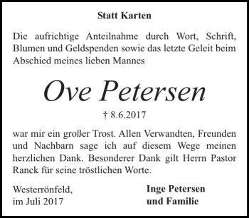 Traueranzeige von Ove Petersen von Landeszeitung