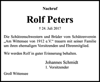 Traueranzeige von Rolf Peters von Eckernförder Zeitung