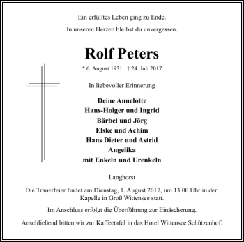 Traueranzeige von Rolf Peters von Eckernförder Zeitung