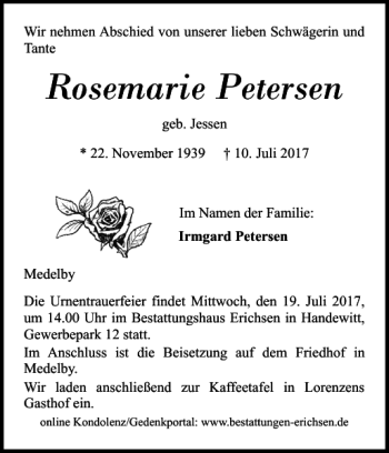 Traueranzeige von Rosemarie Petersen von Flensburger Tageblatt