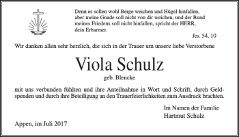 Traueranzeige von Viola Schulz von Elmshorner Nachrichten