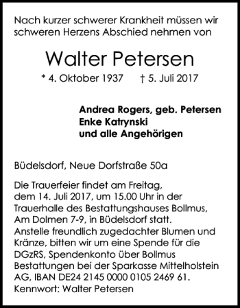 Traueranzeige von Walter Petersen von Landeszeitung