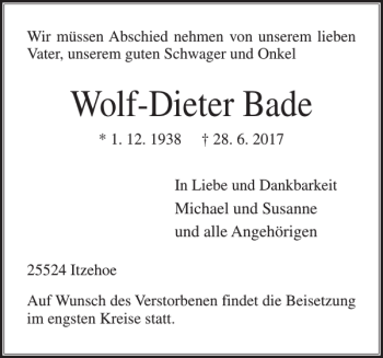 Traueranzeige von Wolf-Dieter Bade von Norddeutsche Rundschau