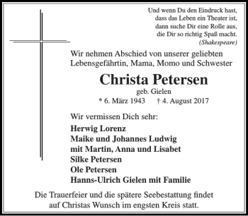 Traueranzeige von Christa Petersen von Stormarner Tageblatt