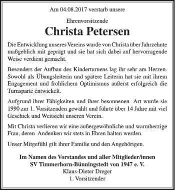 Traueranzeige von Christa Petersen von Stormarner Tageblatt