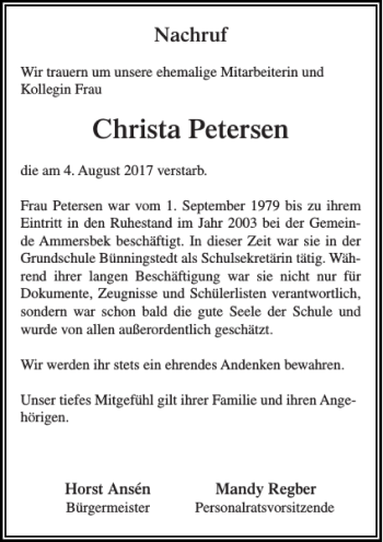 Traueranzeige von Christa Petersen von Stormarner Tageblatt