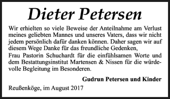 Traueranzeige von Dieter Petersen von Husumer Nachrichten