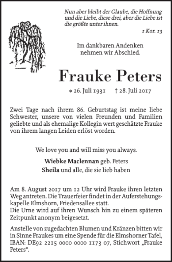 Traueranzeige von Frauke Peters von Elmshorner Nachrichten