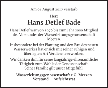 Traueranzeige von Hans Detlef Bade von Landeszeitung