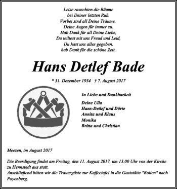 Traueranzeige von Hans Detlef Bade von Landeszeitung