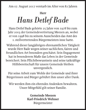 Traueranzeige von Hans Detlef Bade von Landeszeitung