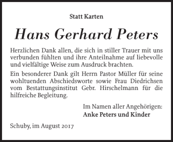 Traueranzeige von Hans Gerhard Peters von Schleswiger Nachrichten
