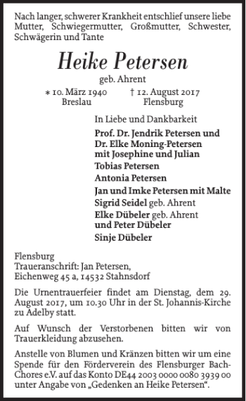 Traueranzeige von Heike Petersen von Flensburger Tageblatt