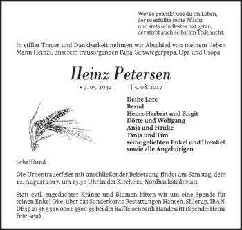 Traueranzeige von Heinz Petersen von Flensburger Tageblatt