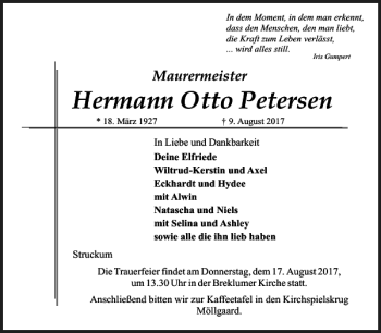 Traueranzeige von Hermann Otto Petersen von Husumer Nachrichten