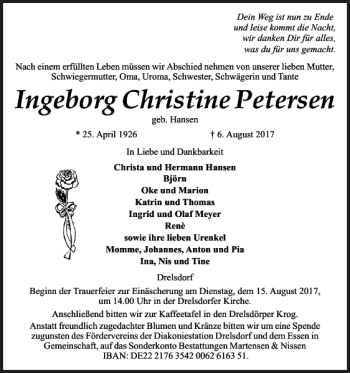 Traueranzeige von Ingeborg Christine Petersen von Husumer Nachrichten