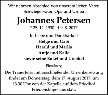 Traueranzeige von Johannes Petersen von Flensburger Tageblatt