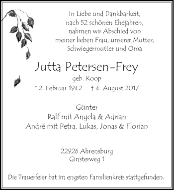 Traueranzeige von Jutta Petersen-Frey von Stormarner Tageblatt