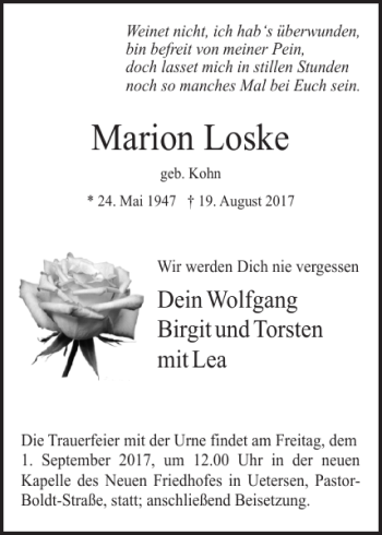 Traueranzeige von Marion Loske von Uetersener Nachrichten