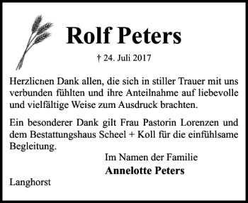 Traueranzeige von Rolf Peters von Eckernförder Zeitung