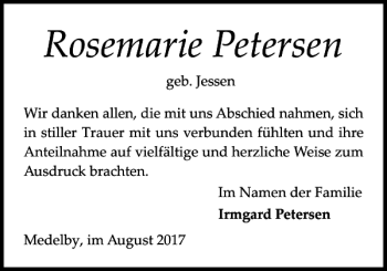 Traueranzeige von Rosemarie Petersen von Flensburger Tageblatt