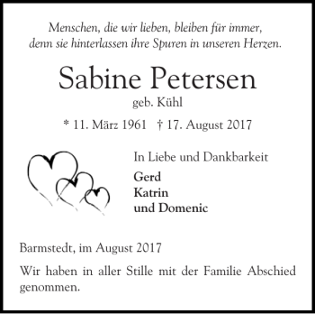 Traueranzeige von Sabine Petersen von Elmshorner Nachrichten