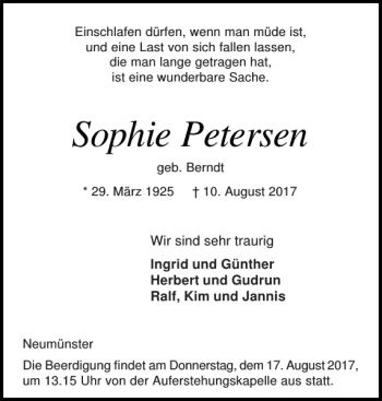 Traueranzeige von Sophie Petersen von Holsteinischer Courier