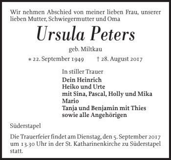 Traueranzeige von Ursula Peters von Husumer Nachrichten