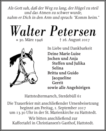 Traueranzeige von Walter Petersen von Husumer Nachrichten