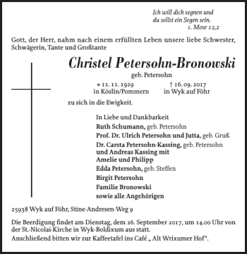 Traueranzeige von Christel Petersohn-Bronowski von Der Insel-Bote
