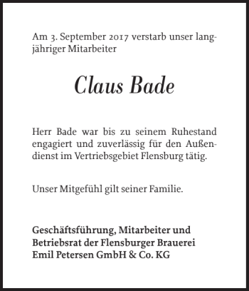 Traueranzeige von Claus Bade von Flensburger Tageblatt
