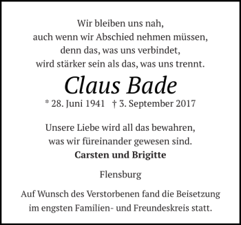 Traueranzeige von Claus Bade von Flensburger Tageblatt