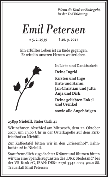 Traueranzeige von Emil Petersen von Nordfriesland Tageblatt