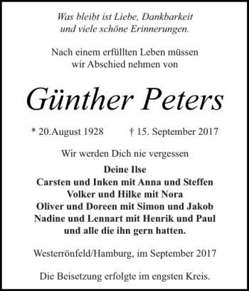Traueranzeige von Günther Peters von Landeszeitung