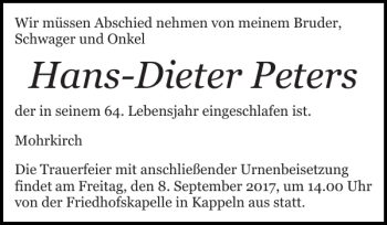 Traueranzeige von Hans-Dieter Peters von Flensburger Tageblatt