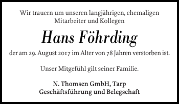 Traueranzeige von Hans Föhrding von Flensburger Tageblatt