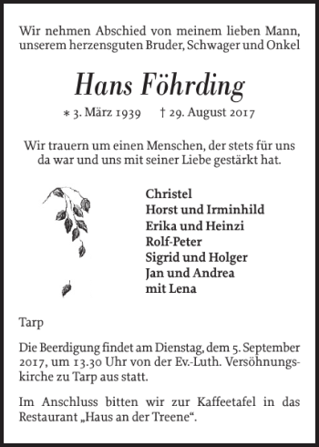 Traueranzeige von Hans Föhrding von Flensburger Tageblatt