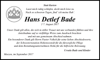 Traueranzeige von Hans Detlef Bade von Landeszeitung